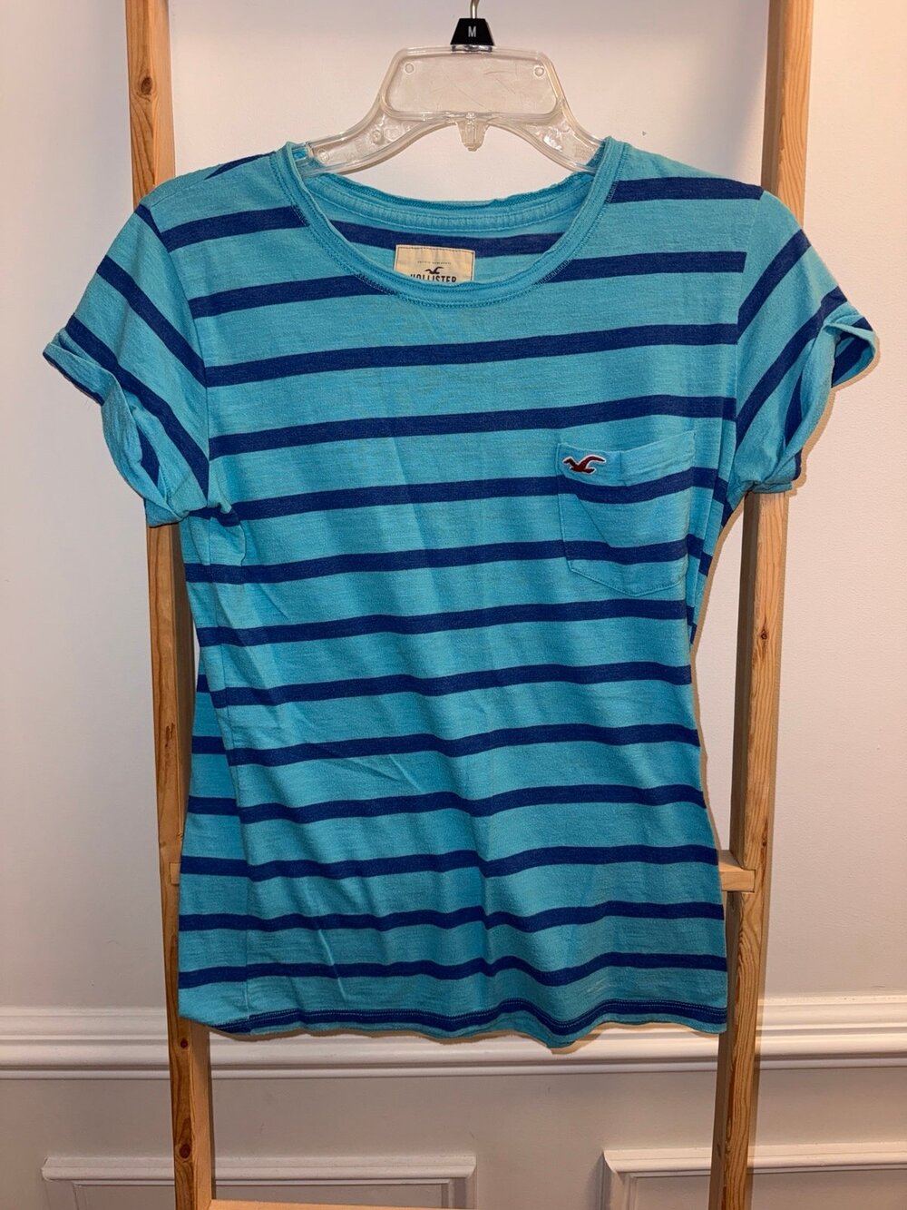 Vintage Hollister Blue Striped T-Shirt with Pocket